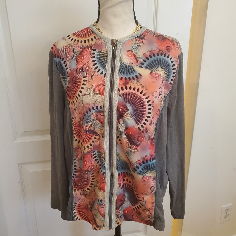 Marciana Zip Front Gray Top Abstract Coral Print XXL